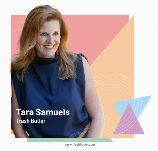 Tara Samuels in a navy top, text reads "Tara Samuels, Trash Butler," 2023 guide to multifamily real estate, colorful geometric background.